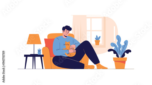 Man relaxing in an armchair at home while petting his orange cat represents comfort, pet care, and leisure time in the evening.