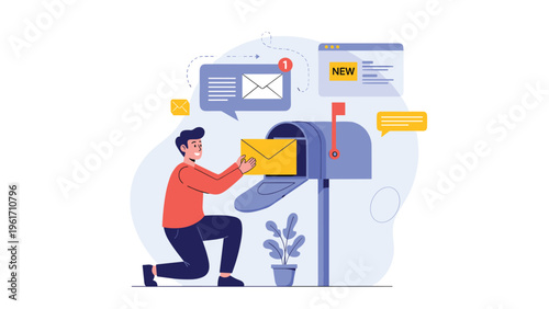 Man putting an envelope into a blue mailbox with digital message icons depicts traditional and email communication methods.