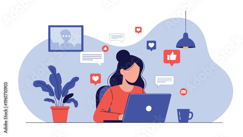 Young woman working on laptop computer surrounded by social media notification icons like hearts and thumbs up for digital marketing concept.