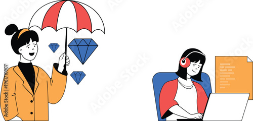 A professional woman offers gemstones to a focused listener wearing headphones and reviewing documents