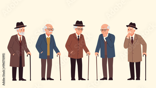 Group of five senior men in different coats and hats standing with walking sticks representing aging population and elderly care concept.
