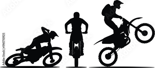Black silhouettes of motocross riders showcase thrilling wheelies and aggressive cornering on their powerful bikes