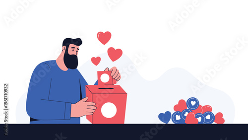 Man with beard putting heart symbol into donation box for charity and social support concept with pile of heart icons on the side.