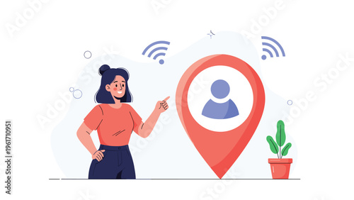 Young woman pointing towards large red location pin containing user profile icon for personal tracking and social discovery concept.
