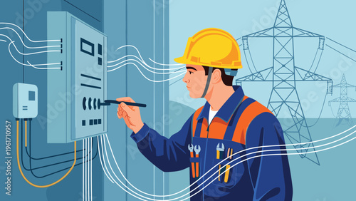 Skilled electrician in yellow hard hat working on electrical control panel with high voltage power towers in the background.