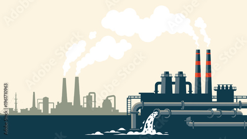 Industrial factory buildings with tall smoke stacks and pipes discharging waste into water representing environmental pollution and climate change.