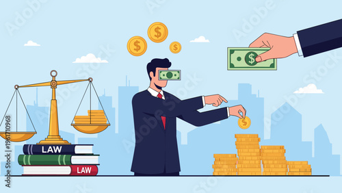 Businessman blindfolded with money bill while being bribed with cash stacks next to scales of justice and law books for corruption concept.