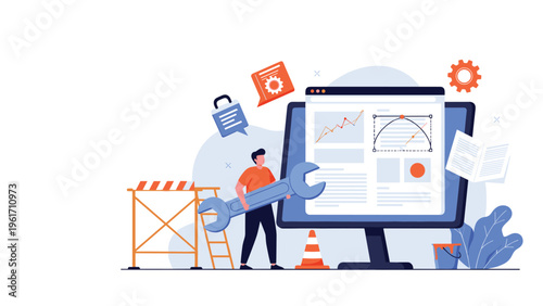 Web developer standing with giant wrench next to computer monitor with website design and analytics representing technical site maintenance.