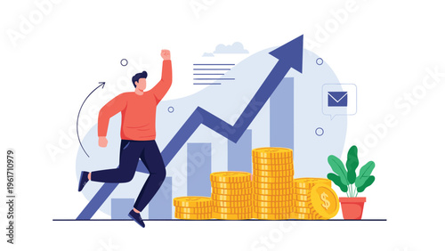 Successful businessman jumping for joy next to rising arrow and stacks of gold coins representing financial growth and career prosperity.