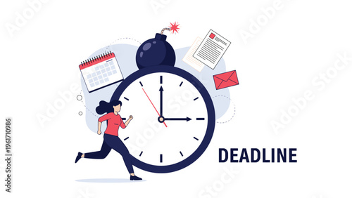 Stressed woman running past giant clock with ticking bomb and calendar symbolizing urgent work deadline and time pressure management.