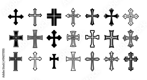 Crosses symbol set with various black and white designs and patterns featuring cross, signs, icons with christian and christianity elements for