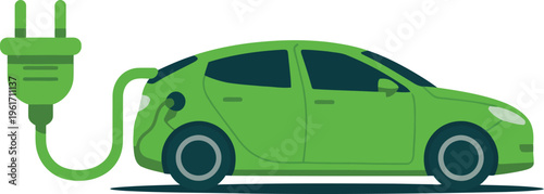 Bright green electric car connected to a large charging cable and plug on a white background