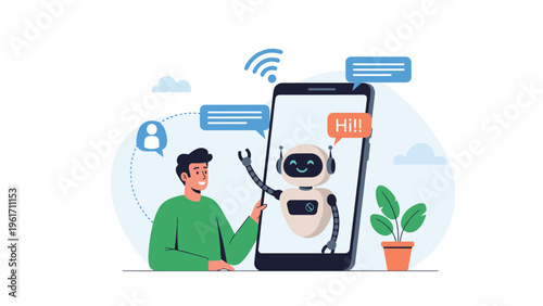 Young man communicating with friendly artificial intelligence chatbot on large smartphone screen for customer support and assistance.