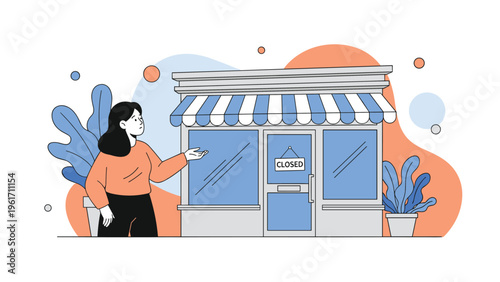 Frustrated woman standing in front of closed small shop or boutique representing business failure or economic crisis impact.