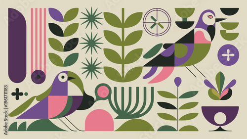A stylized geometric illustration depicts two colorful birds amidst lush foliage and various decorative elements in a vibrant, artistic composition.