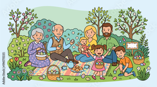 Grandparents enjoying outdoor picnic with grandchildren modern flat vector design