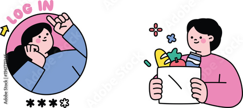 Cartoon characters engaging in online shopping and logging into a mobile device with cheerful expressions and colorful items