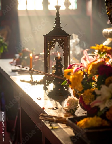 Close-up of candle lit lantern with flowers & light rays in a temple setting