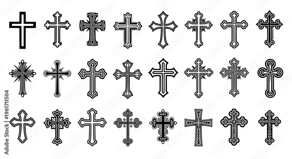 Fototapeta premium Crosses ornate and decorative symbol set with intricate designs and patterns featuring religious symbols, Christian symbols, icons with graphics and