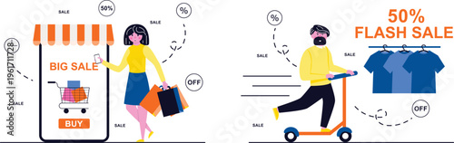 Two shoppers enjoy massive discounts during online and in-store flash sales with scooter and shopping carts