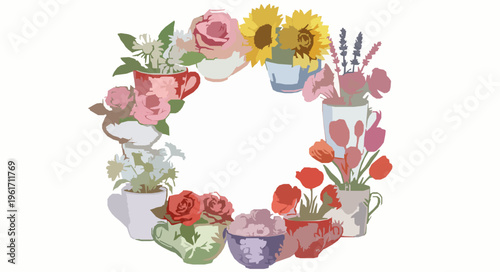 Watercolor floral wreath with flowers in mugs cups and pots featuring roses sunflowers and lavender isolated on white background