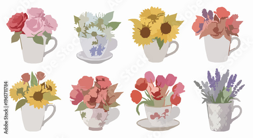 Elegant watercolor floral mugs and pots collection in grid layout with roses daisies sunflowers and tulips for home decor design