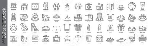 Water park and pool facility icon set – editable outline symbols of locker, shower, slide, jacuzzi, float, surfboard, lazy river, rafting, sunscreen and swimwear