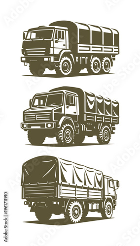 vector set stylized silhouette of troop transport trucks