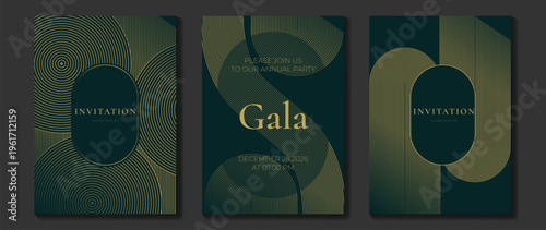 Luxury gala invitation card background vector. Golden elegant wavy gold line pattern on black background. Premium design illustration for wedding and vip cover template, grand opening.