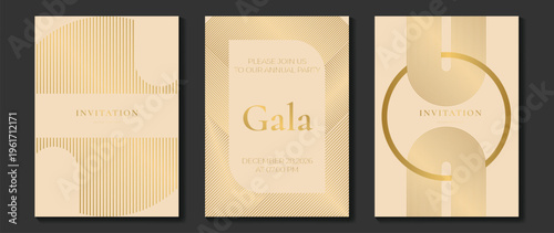 Luxury gala invitation card background vector. Golden elegant wavy gold line pattern on black background. Premium design illustration for wedding and vip cover template, grand opening.