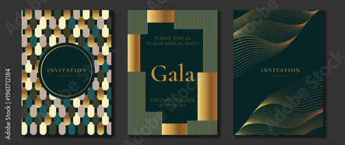 Luxury gala invitation card background vector. Golden elegant wavy gold line pattern on black background. Premium design illustration for wedding and vip cover template, grand opening.
