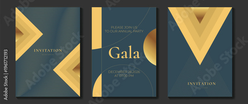 Luxury gala invitation card background vector. Golden elegant wavy gold line pattern on black background. Premium design illustration for wedding and vip cover template, grand opening.
