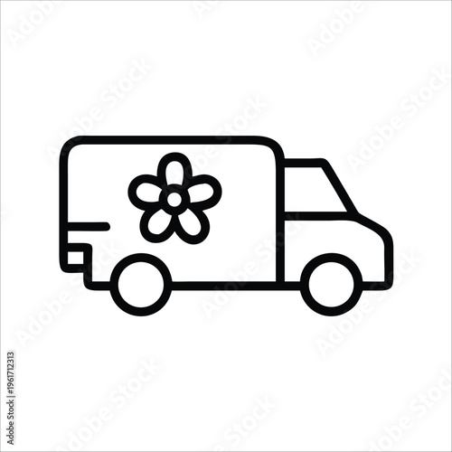 Black line drawing of a delivery van with a flower on the side