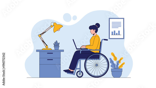 Determined woman in wheelchair working on laptop at desk in accessible office environment promoting disability inclusion and diversity.