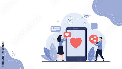 Man and woman interacting with social media features like hearts and share icons on large smartphone screen for digital marketing.