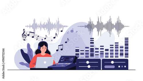 Female audio engineer works on music production using a laptop, studio equipment, and sound mixing console in a creative digital workspace.