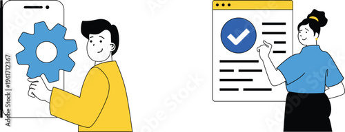 Two people collaborating with one showing a gear on a mobile device and the other marking a checklist on a computer screen
