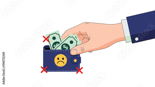 Hand reaches into a blue wallet containing money that features a sad face icon and red cross marks, representing financial loss or debt.