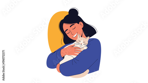 Young woman expresses affection by hugging her pet cat tightly while smiling happily against a simple background with abstract shapes.