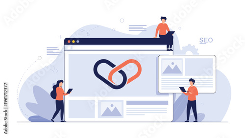 Professional team collaborates on a search engine optimization and link building strategy using digital interfaces for website marketing.