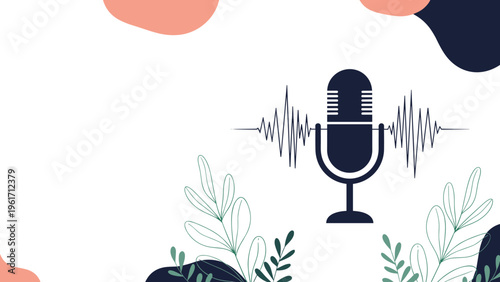 Stylized illustration features a professional microphone surrounded by audio sound waves and leafy green plants for a podcasting concept.