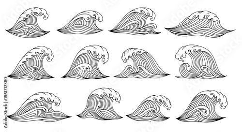 Waves hand drawn set with black curved lines and dynamic ocean swells, various surf wave designs. featuring water graphics, vector graphics, water