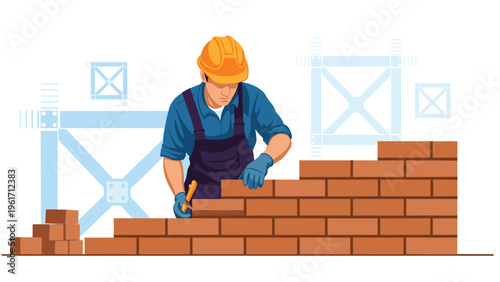 Skilled construction worker wearing a safety helmet and overalls builds a brick wall at a building site with steel structures in background.