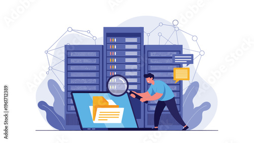 IT specialist uses a magnifying glass to search through files and folders within large data server racks in a high tech network room.