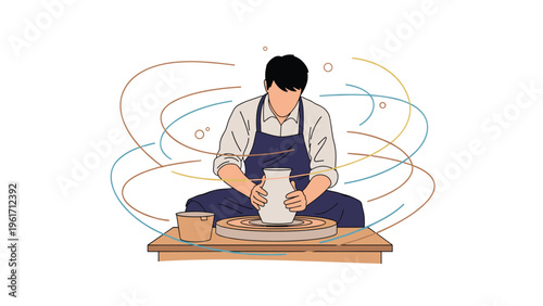 Male potter works at a spinning wheel to shape a ceramic vase with artistic energy lines swirling around his focused creative process.