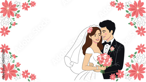 Happy bride and groom in wedding attire pose together surrounded by a beautiful floral frame of pink flowers and green leaves on white.