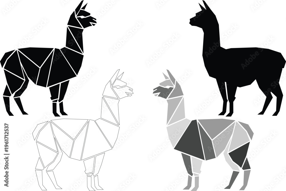 Obraz premium Geometric Alpaca Illustration Set Low Poly Llama Silhouette Vector Minimal Animal Design Modern Abstract Black White Editable Graphic Clipart Bundle Collection Premium High Quality Art