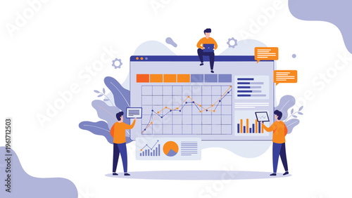Team of small professionals collaborates on a large data visualization dashboard with various charts and graphs for business insights.