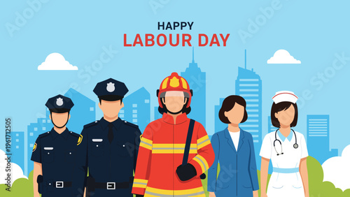 Diverse group of professionals including a firefighter, police officers, nurse, and business woman celebrate a happy labour day.