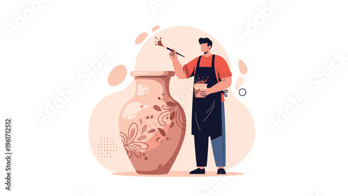 Artist carefully paints intricate floral patterns onto a large ceramic vase using a brush and liquid glaze in a creative art studio.